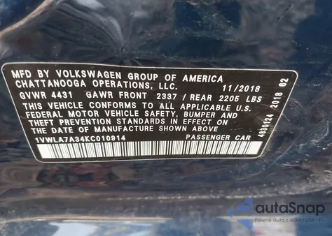 2019 Volkswagen Passat 2.0T Wolfsburg Edition from USA, damaged, VIN 1VWLA7A34KC010914